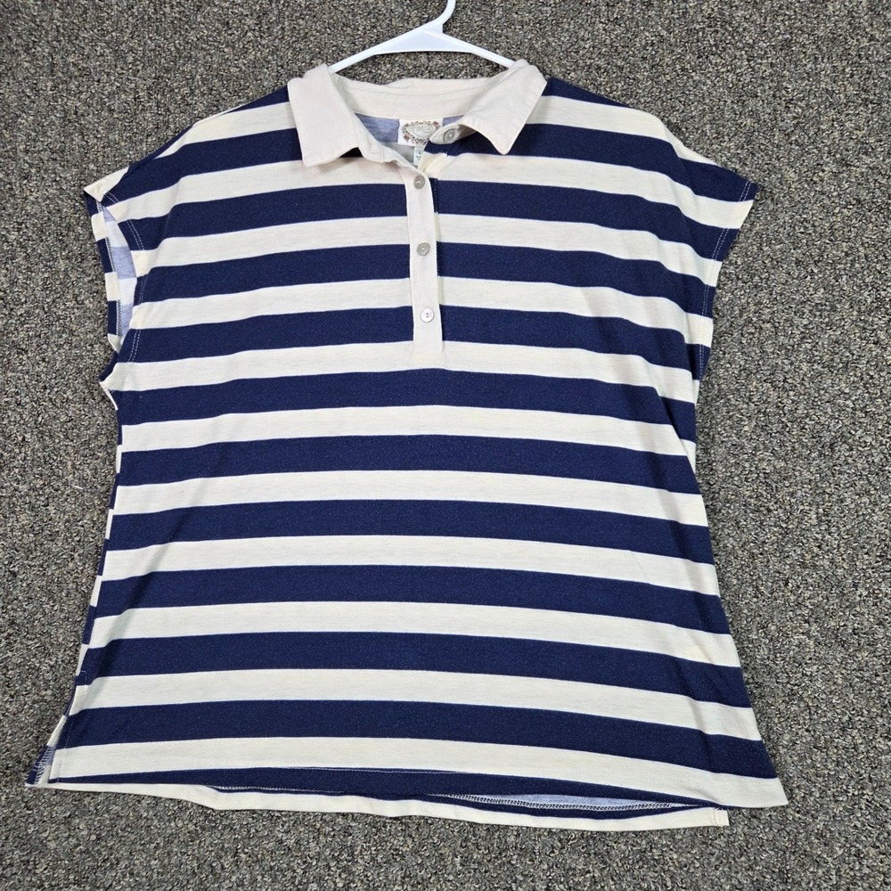 Truself Polo Top Women Large Navy Cream Striped Sleeveless Button Collar Shirt